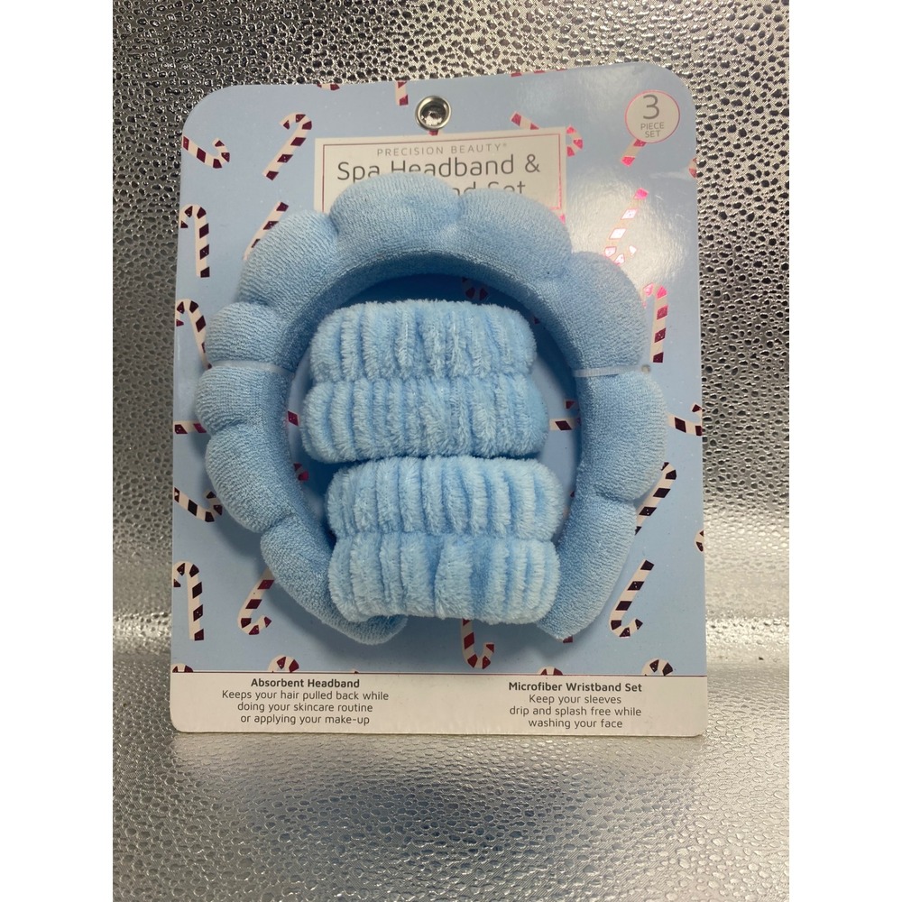 Precision Beauty Spa Headband and Wristband Set 3 Piece Blue Microfiber Skincare